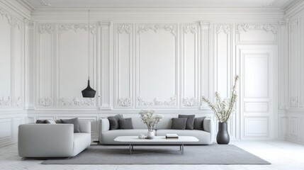 Elegant White Living Room with Ornate Wall Panels and Modern Sofa Set