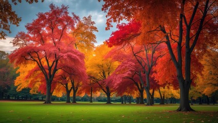 Naklejka premium Vibrant autumn trees with colorful foliage in a park scene.