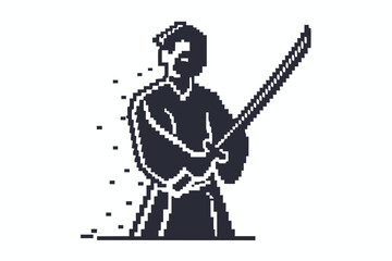 Pixel Art Kendo Fighter Holding Sword White Background