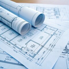 Rolled architectural blueprints with floor plans architectural drawing