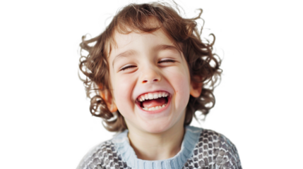 Adorable young child bursts into genuine laughter, radiating pure happiness and joyful innocence on a bright studio background