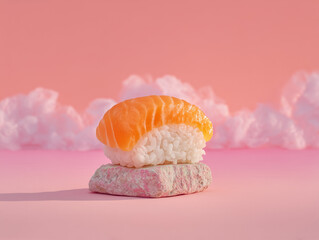 Single sushi piece on pink pastel background with space for text, minimalistic composition