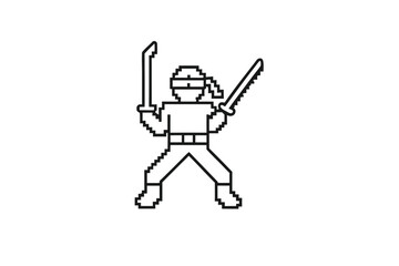 Pixel Art Ninja Character with Swords in Ready Stance on White Background