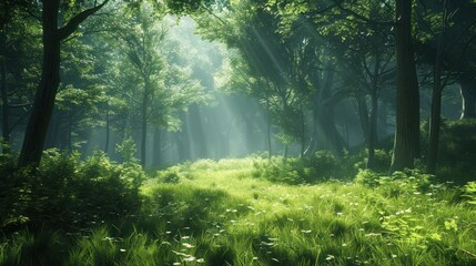 Obraz premium Sunbeams pierce a dense, verdant forest, illuminating a grassy path that winds deeper into the tranquil woods