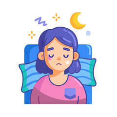 Girl with insomnia icon. Colorful flat vector illustration. Isolated on white background.