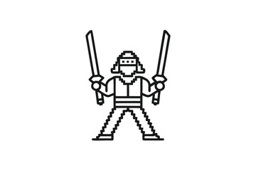 Pixel Art Ninja Warrior with Katana Swords on White Background