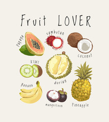 fruits lover slogan with colorful tropical fruits vector illustration - drawn by human
