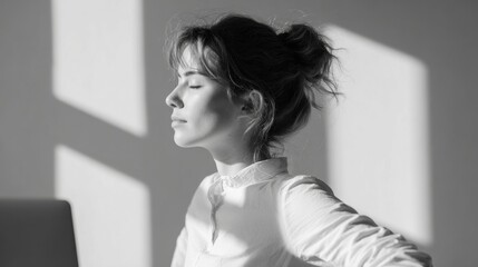 Portrait Of A Woman In Profile With Closed Eyes In Soft Sunlight. Peaceful Moment Of Reflection And Relaxation