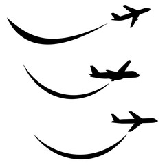 Collection of flying airplane silhouettes with trajectory lines. Aviation travel and transport vector icons