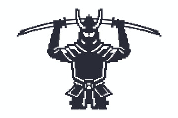 Pixel Art of a Warrior Holding Two Swords on a White Background
