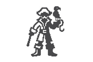 Pixel Art Pirate Captain with Bird on Hand on White Background