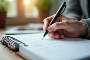 A close-up image of hand writing notes on planner with pen, soft lighting and calm workspace ambiance