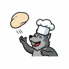 Happy chef wolf tossing pizza dough with joyful expression