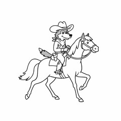 Cartoon wolf cowboy rides a horse across the plains with a smile