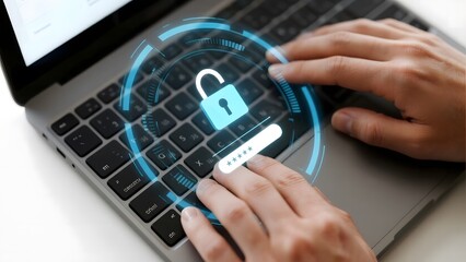 Hands typing on a laptop with a digital padlock and security interface overlay