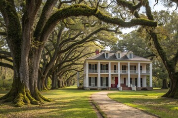 Obraz premium Traditional Southern Plantation House with Oak Trees