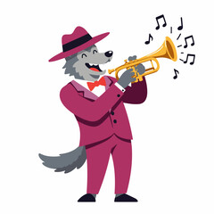Joyful cartoon wolf musician plays trumpet with musical notes flying