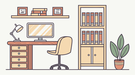 Modern Home Office Workspace Illustration – Desk, Computer, Bookshelves, and Plants