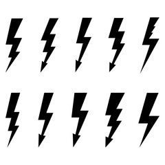Collection of ten black lightning bolt icons, symbolizing electricity, energy, power, and impact, suitable for graphic design