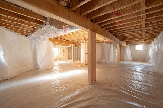 Residential basement under construction with wooden framework
