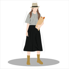 woman shopper character walking with groceries purchases heavy shopping bags. 