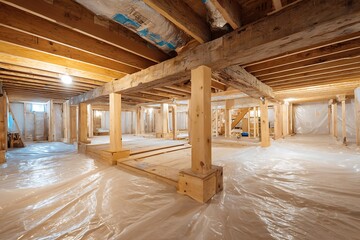 Wooden beam basement with plastic tarp for water protection
