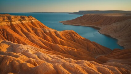 Colorful canyon and river landscape with cliffs and water, natural scenery, geological formations, and outdoor environment.