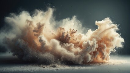 Dust and sand explosion with clouds of particles dispersing into the air. Environmental and natural phenomena. Dust storm and atmospheric disturbance.