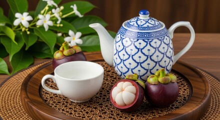 Fototapeta premium Tropical Fruit Beverage Serenity with Exotic Mangosteen and Tea