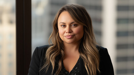 Fototapeta premium Confident businessperson in formal attire with a subtle smile, soft lighting highlighting professional demeanor.