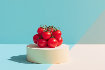 Red cherry tomatoes on light blue pastel background with space for text, minimalistic composition