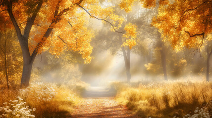 Fototapeta premium Golden morning light on autumn forest path — dreamy sunlit trees