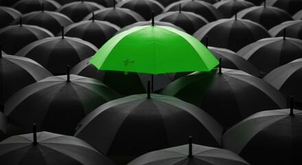 One green umbrella stands out among many black umbrellas.