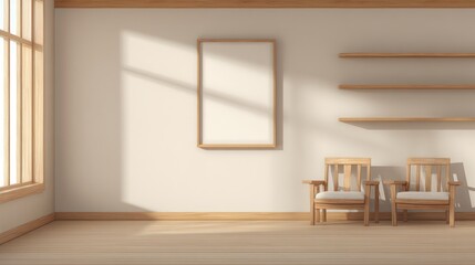 Empty Minimalist Room with Wooden Chairs and Shelves in Natural Light