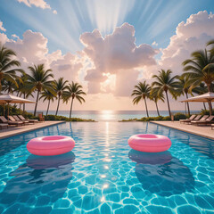 Obraz premium Swimming Pool with Pink Floats and Ocean View at Sunset