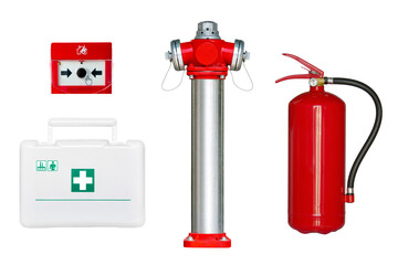 Obraz premium fire extinguisher, fire hydrant, first aid kit, fire alarm button isolated on white background