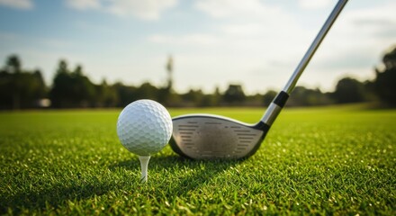 Golf ball on tee with club on green grass field under blue sky.