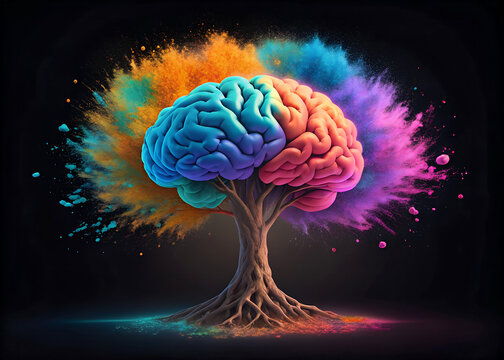 Abstract Brain Tree: Colorful Exploding Powder, Creative Concept,  Imagination, Innovation