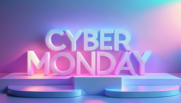 Neon cyber monday sign glowing on empty stage with blue and pink lights