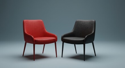 Two chairs one red one black stand against a gray background.