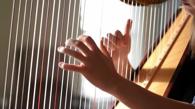 Hands playing a harp with strings. Classical music performance.