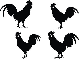 Black rooster silhouette set, farmyard poultry clipart, chicken profile vector, barnyard animal design, rural agriculture symbol, decorative cock illustration art