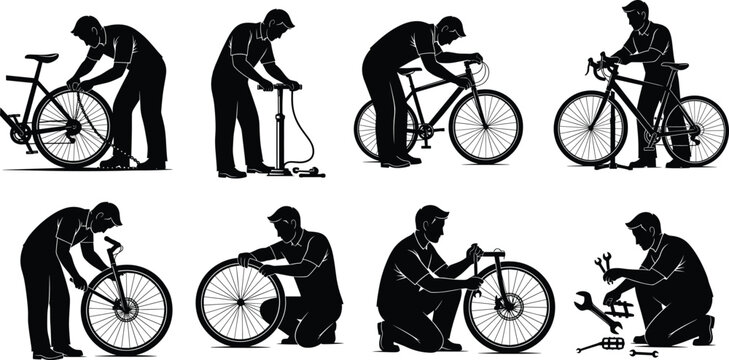 Bicycle maintenance silhouette illustration, bike repair worker, cycling service tools, wheel adjustment, tire inflation, chain fixing, handlebar alignment, crankset repair, gear tuning,