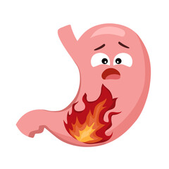 Heartburn, illustration of the stomach with fire, acute burning pain of heartburn. stock illustration