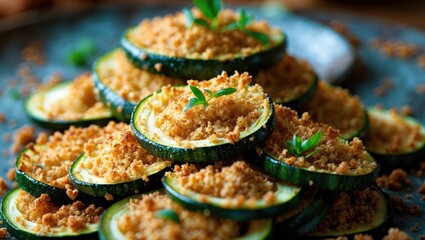 Baked zucchini slices topped with breadcrumb mixture garnished with fresh herbs. Delicious and healthy appetizer or side dish.