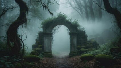 Ancient stone archway in a misty forest, surrounded by lush greenery and moss-covered rocks, creating a mystical and enchanting atmosphere.