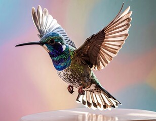 A hummingbird in flight, vibrant colors against a soft background