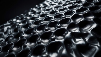 Obraz premium Close-up of black water droplets on a smooth surface with a dark background.