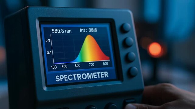 Handheld spectrometer device with wavelength graph and calibration display for laboratory instrument science technology research and measurement