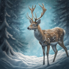 눈 내리는 저녁 숲 속에 사슴 한 마리